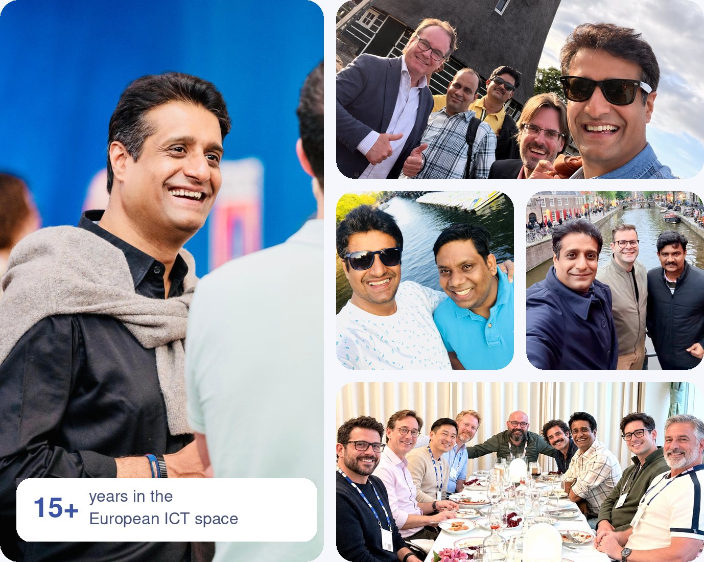 Ninad Patki and the Western Nomads team with clients and partners in The Netherlands: on stage, by the canals in Amsterdam, and around a dinner table