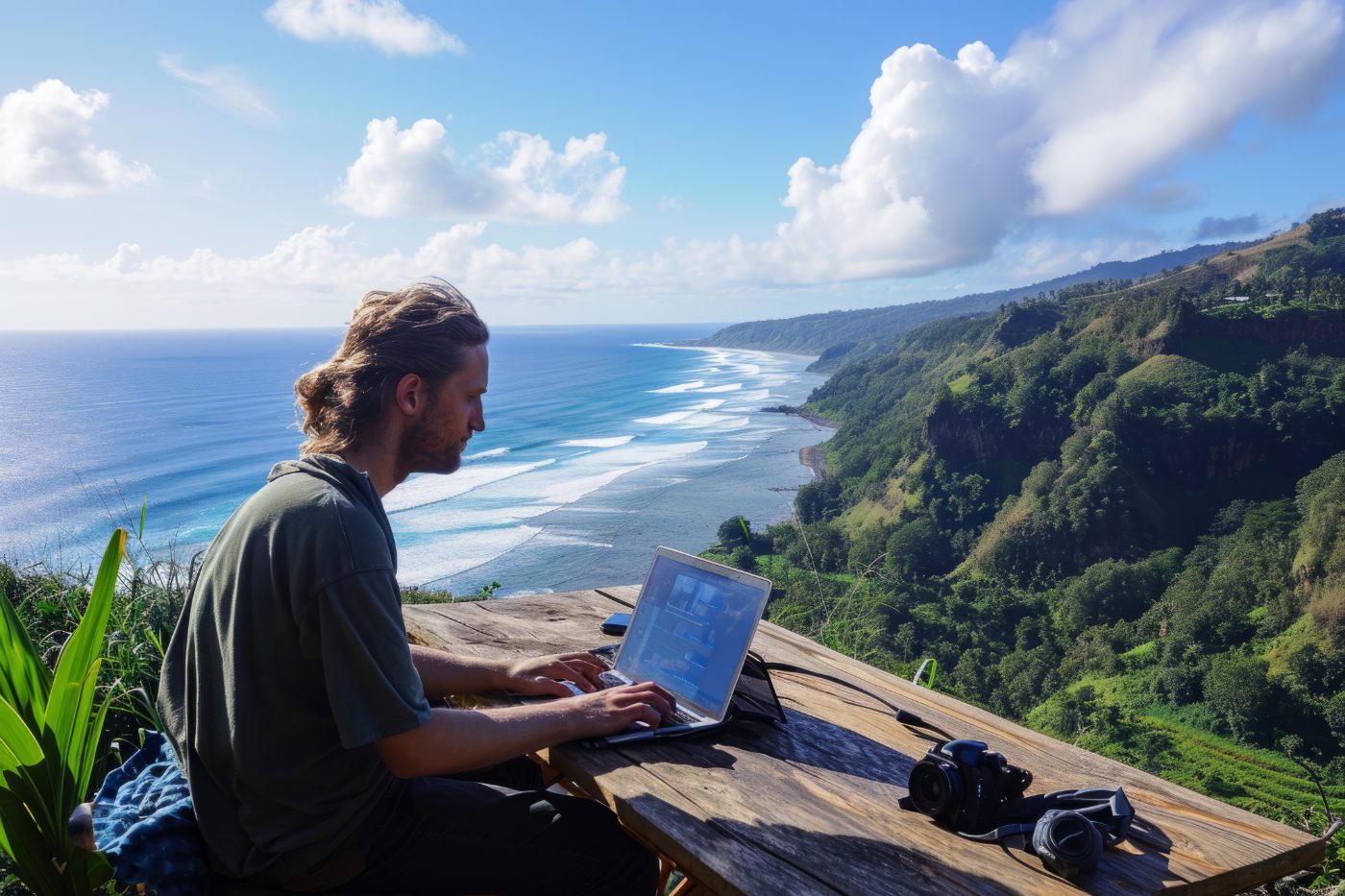 Remote worker at a laptop overlooking the coast